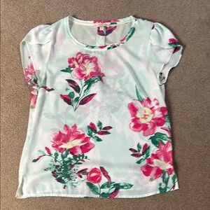 Skies Are Blue White and Pink Graphic Blouse with Peter Pan Collar